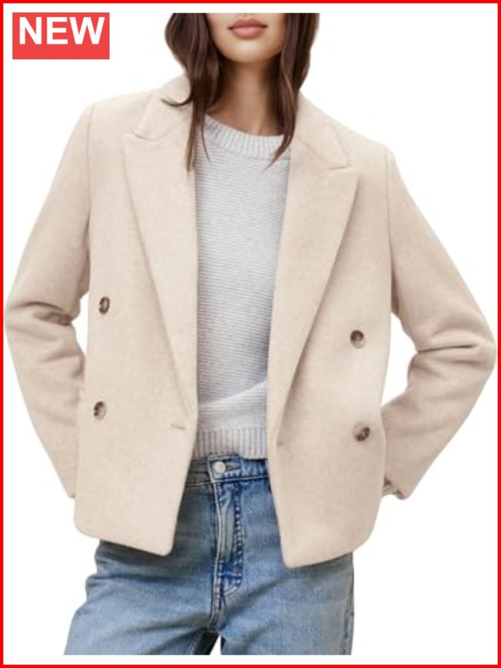 Wool Blend Double Breasted Pea Coat Notched Lapel Cropped